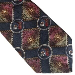 Ferracci Extra Long Silk Tie Navy Blue Burgundy Gold Geometric Medallion Vintage